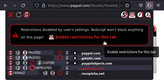 Restrictions disabled on current tab